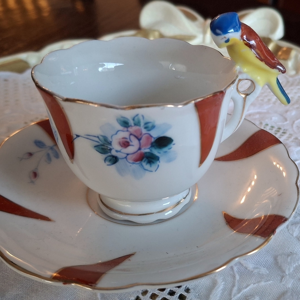 Demitasse/Espresso Floral Cup and Saucer with Parrot Handle